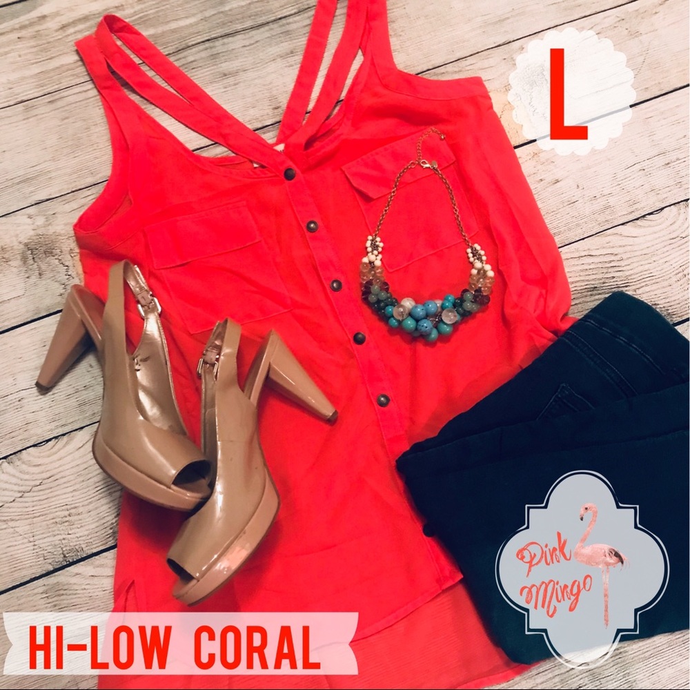 Coral Strap Tank w/ Front Pockets Sheer Hi-Low Cut